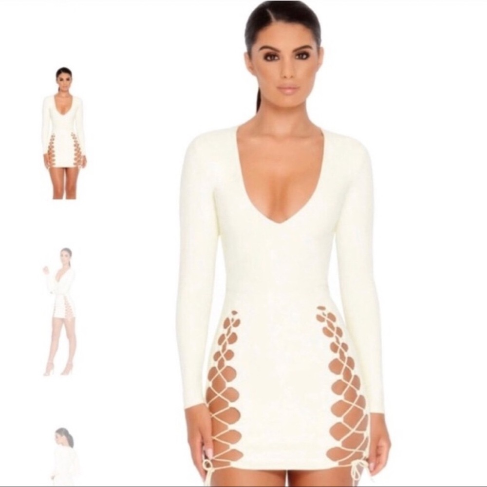 Oh Polly Cream Bodycon Dress Long Sleeve Plunge